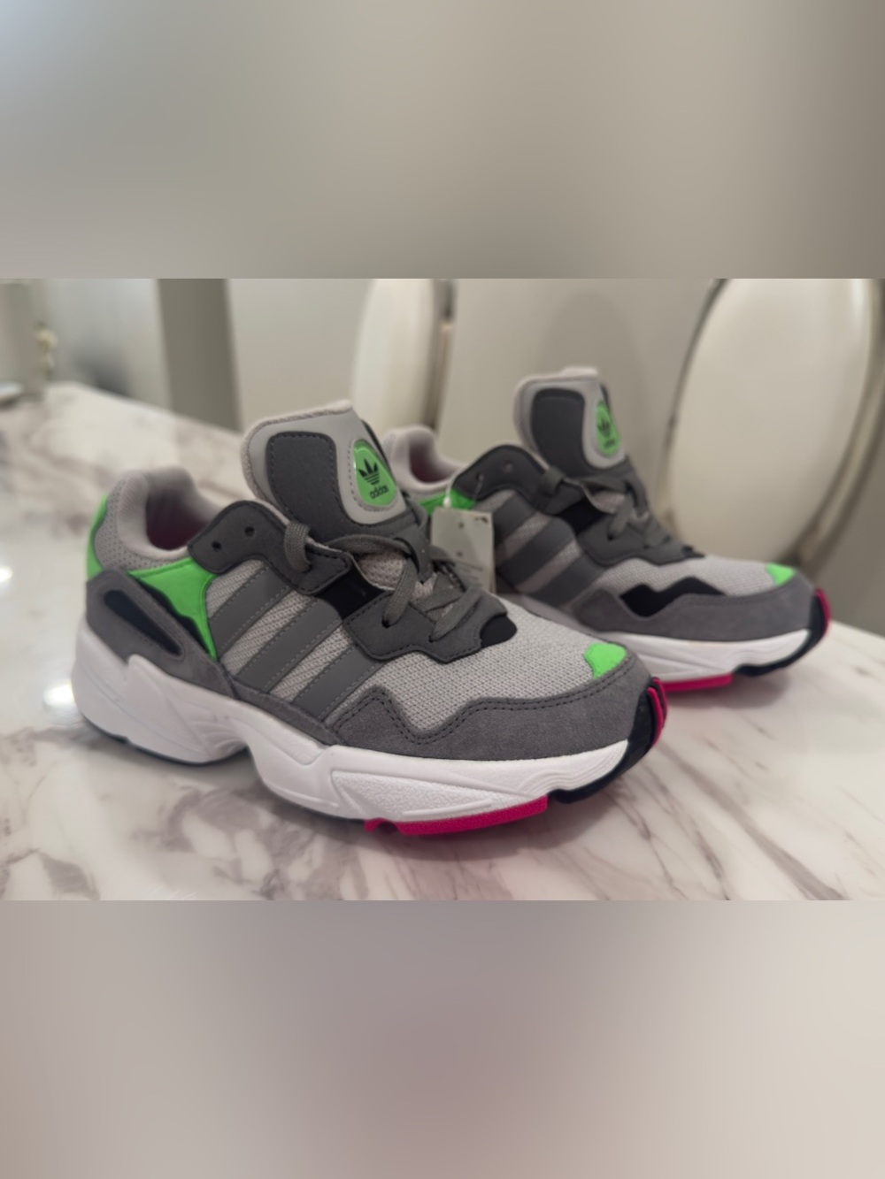 adidas Kids Grey Sneakers with Neon Green & Pink Accents